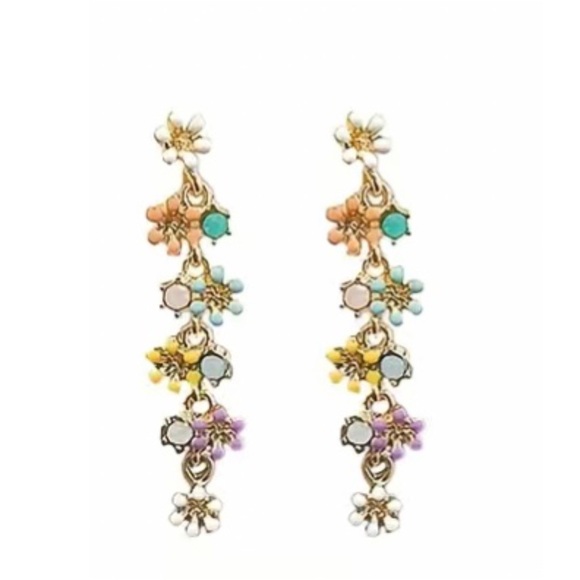 Jewelry - Cascading Multi Colored Daisy Flower Gold Toned Dangle Stud Earrings